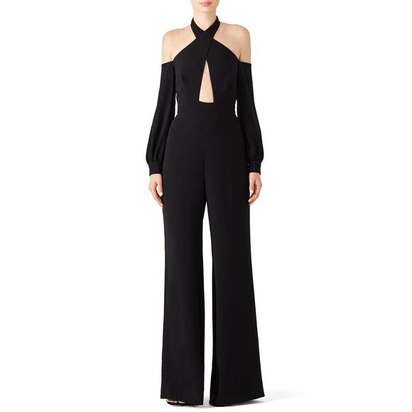 JILL JILL STUART Cold Shoulder Jumpsuit Pantsuit Black Crepe Halter Size 8 RTR